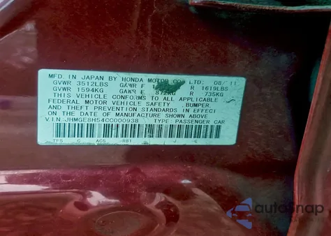 2012 Honda Fit Sport z USA, uszkodzony, nr VIN JHMGE8H54CC000938